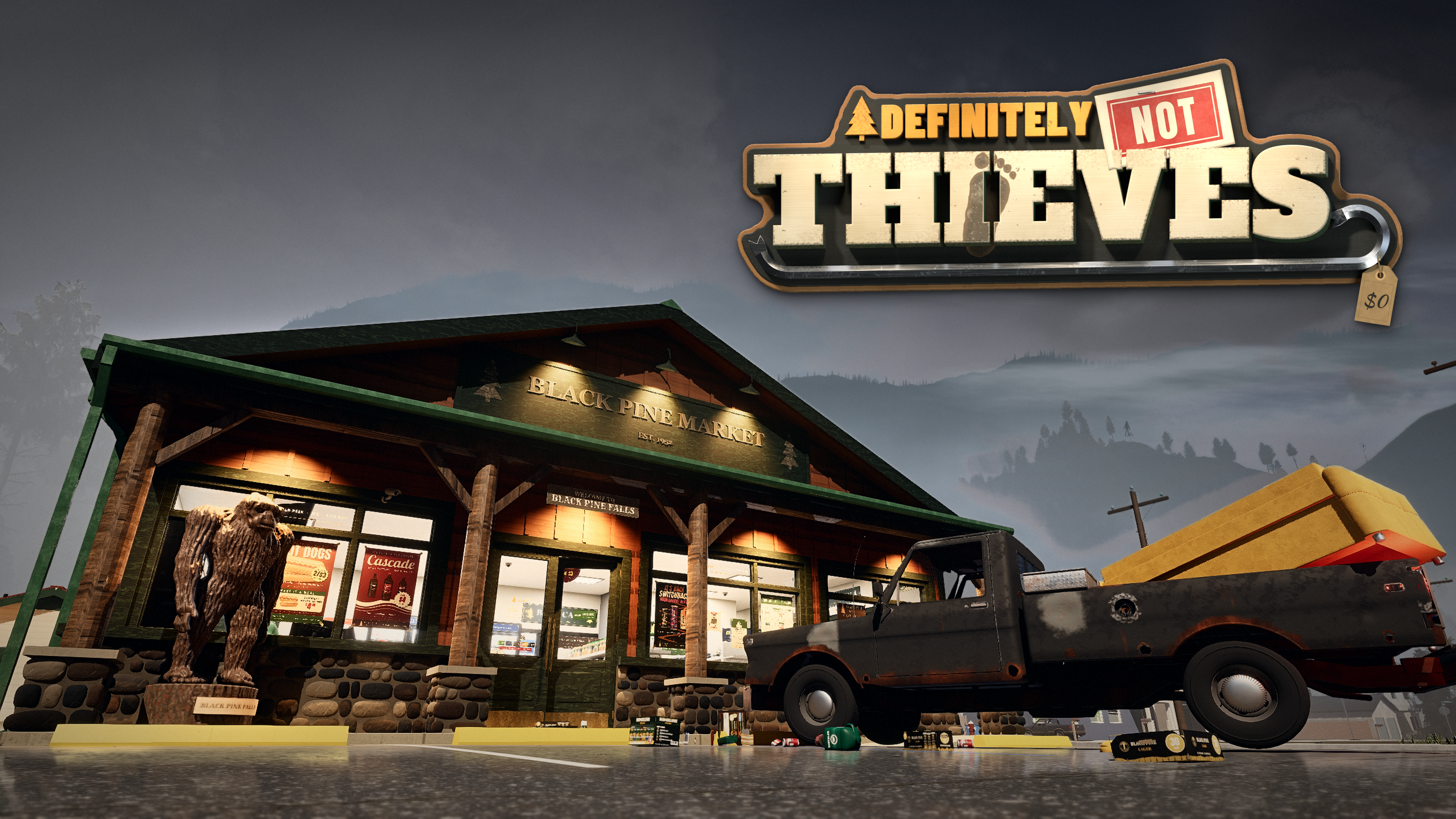 Definitely Not Thieves: Black Pine Market and a pickup truck carrying a sofa beneath misty mountains