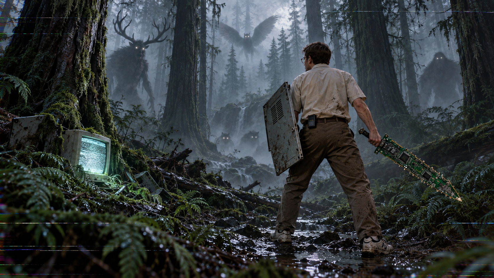 Concept art: an IT technician with a motherboard sword and server-lid shield encounters cryptids in the woods